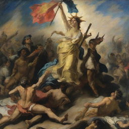 A Delacroix-style painting of 'Liberty Leading the People', capturing the vibrant movement, vivid colors, and emotional intensity that characterizes the surge of freedom.