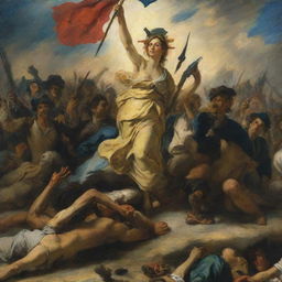 A Delacroix-style painting of 'Liberty Leading the People', capturing the vibrant movement, vivid colors, and emotional intensity that characterizes the surge of freedom.