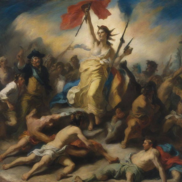 A Delacroix-style painting of 'Liberty Leading the People', capturing the vibrant movement, vivid colors, and emotional intensity that characterizes the surge of freedom.