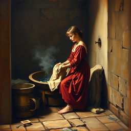 An ancient painting depicting a young laundress washing clothes in a historic laundry basin