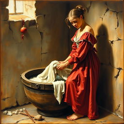 An ancient painting depicting a young laundress washing clothes in a historic laundry basin