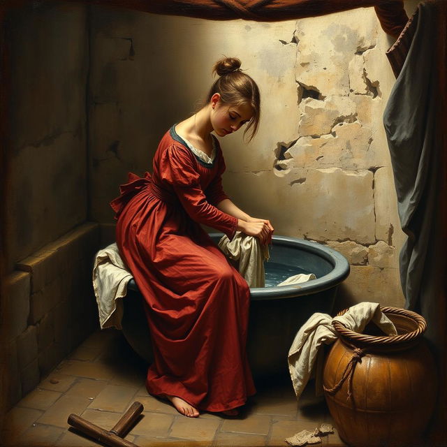 An ancient painting depicting a young laundress washing clothes in a historic laundry basin