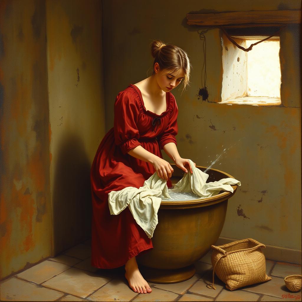 An ancient painting depicting a young laundress washing clothes in a historic laundry basin