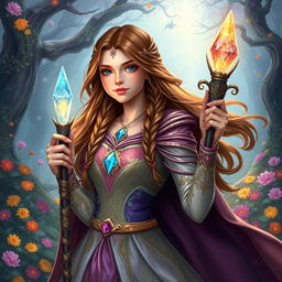 A teenage mage princess from a Dungeons and Dragons-inspired fantasy realm, featuring long, flowing brown hair adorned with delicate braids and sparkling gems