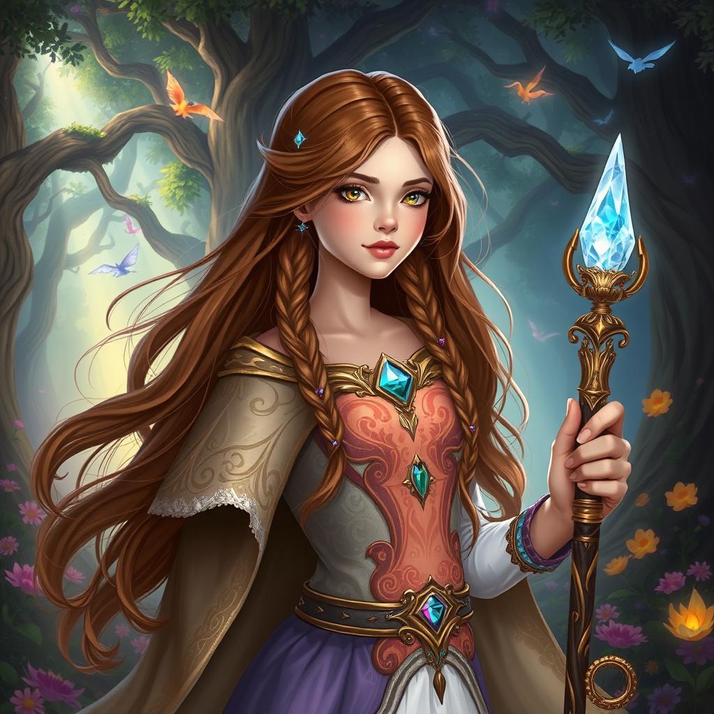 A teenage mage princess from a Dungeons and Dragons-inspired fantasy realm, featuring long, flowing brown hair adorned with delicate braids and sparkling gems