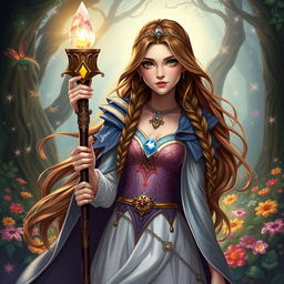 A teenage mage princess from a Dungeons and Dragons-inspired fantasy realm, featuring long, flowing brown hair adorned with delicate braids and sparkling gems