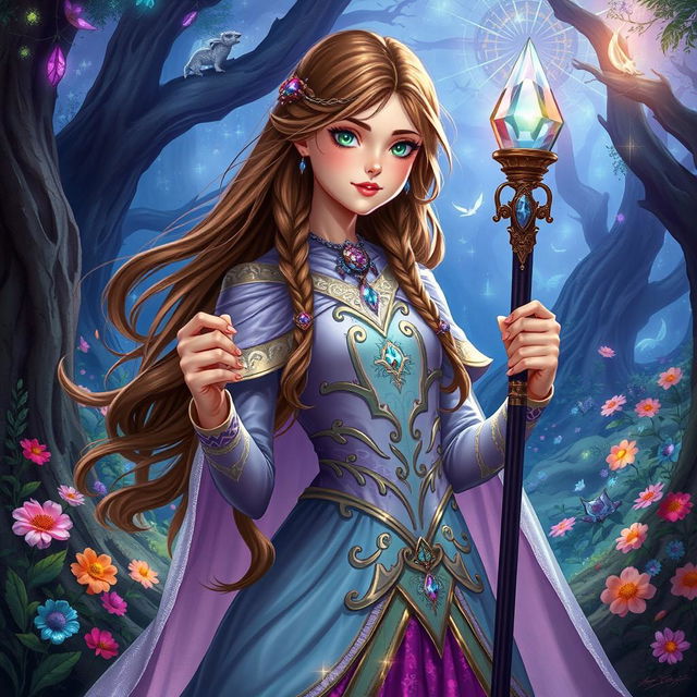 A teenage mage princess from a Dungeons and Dragons-inspired fantasy realm, featuring long, flowing brown hair adorned with delicate braids and sparkling gems