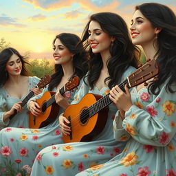 A beautiful and artistic painting of a group of Russian women in a serene outdoor setting, showcasing elegance and grace
