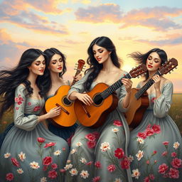 A beautiful and artistic painting of a group of Russian women in a serene outdoor setting, showcasing elegance and grace