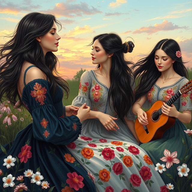 A beautiful and artistic painting of a group of Russian women in a serene outdoor setting, showcasing elegance and grace