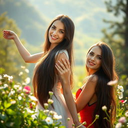 An artistic and tasteful representation of Russian women in a natural setting, celebrating beauty and confidence