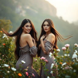 An artistic and tasteful representation of Russian women in a natural setting, celebrating beauty and confidence
