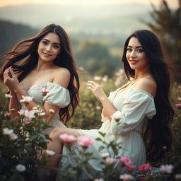 An artistic and tasteful representation of Russian women in a natural setting, celebrating beauty and confidence