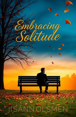 A cover design for a thought-provoking book on loneliness, featuring a solitary figure sitting on a bench in a park, surrounded by autumn leaves falling gently