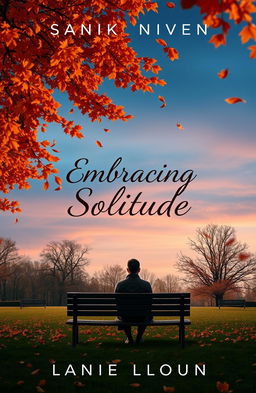 A cover design for a thought-provoking book on loneliness, featuring a solitary figure sitting on a bench in a park, surrounded by autumn leaves falling gently