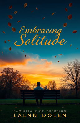 A cover design for a thought-provoking book on loneliness, featuring a solitary figure sitting on a bench in a park, surrounded by autumn leaves falling gently