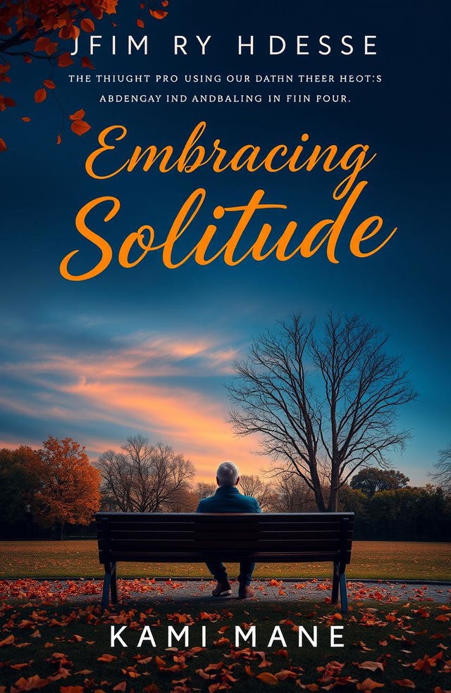 A cover design for a thought-provoking book on loneliness, featuring a solitary figure sitting on a bench in a park, surrounded by autumn leaves falling gently