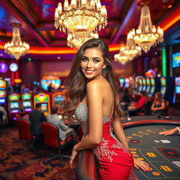 A glamorous scene in a vibrant casino setting, featuring a stunning woman in a dazzling cocktail dress, leaning confidently against a poker table