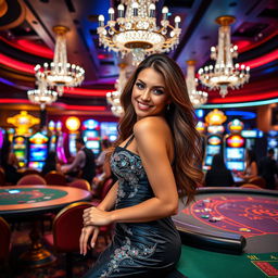 A glamorous scene in a vibrant casino setting, featuring a stunning woman in a dazzling cocktail dress, leaning confidently against a poker table