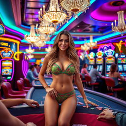 A lively casino scene featuring a beautiful woman in a stylish bikini, confidently standing at a poker table