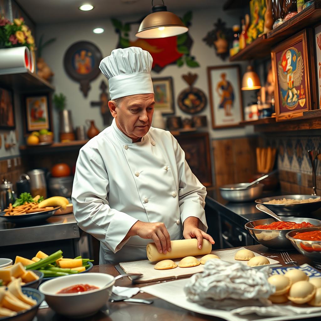 A Russian chef wearing a traditional white chef coat and hat, working diligently in a vibrant and cozy Polish restaurant