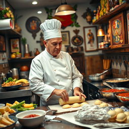 A Russian chef wearing a traditional white chef coat and hat, working diligently in a vibrant and cozy Polish restaurant