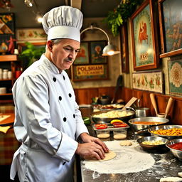 A Russian chef wearing a traditional white chef coat and hat, working diligently in a vibrant and cozy Polish restaurant