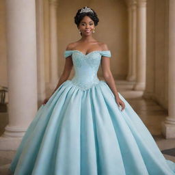 A long blue corset dress, embodying a tasteful fusion of Tiana's blue dress from Princess and the Frog and the sophisticated fashion of Bridgerton.