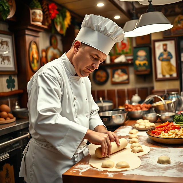 A Russian chef wearing a traditional white chef coat and hat, working diligently in a vibrant and cozy Polish restaurant