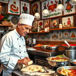 A Russian chef wearing a traditional white chef coat and hat, working diligently in a vibrant and cozy Polish restaurant