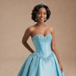 A long blue corset dress, embodying a tasteful fusion of Tiana's blue dress from Princess and the Frog and the sophisticated fashion of Bridgerton.