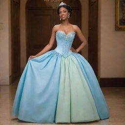 A long blue corset dress, embodying a tasteful fusion of Tiana's blue dress from Princess and the Frog and the sophisticated fashion of Bridgerton.