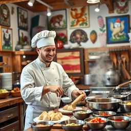 A young Russian chef in his mid-20s, wearing a traditional white chef coat and hat, enthusiastically working in a lively and colorful Polish restaurant