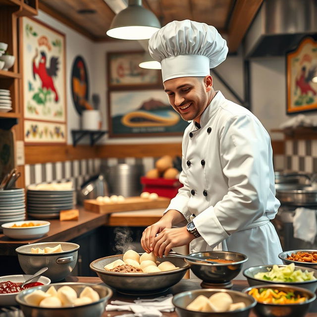 A young Russian chef in his mid-20s, wearing a traditional white chef coat and hat, enthusiastically working in a lively and colorful Polish restaurant