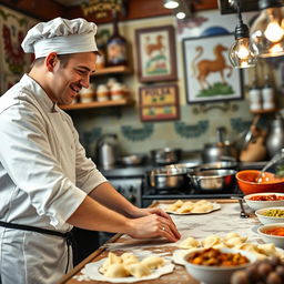 A young Russian chef in his mid-20s, wearing a traditional white chef coat and hat, enthusiastically working in a lively and colorful Polish restaurant