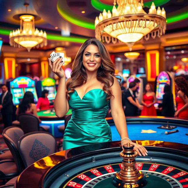 A vibrant and lively casino scene showcasing a curvy woman in an eye-catching evening dress, confidently standing at a roulette table