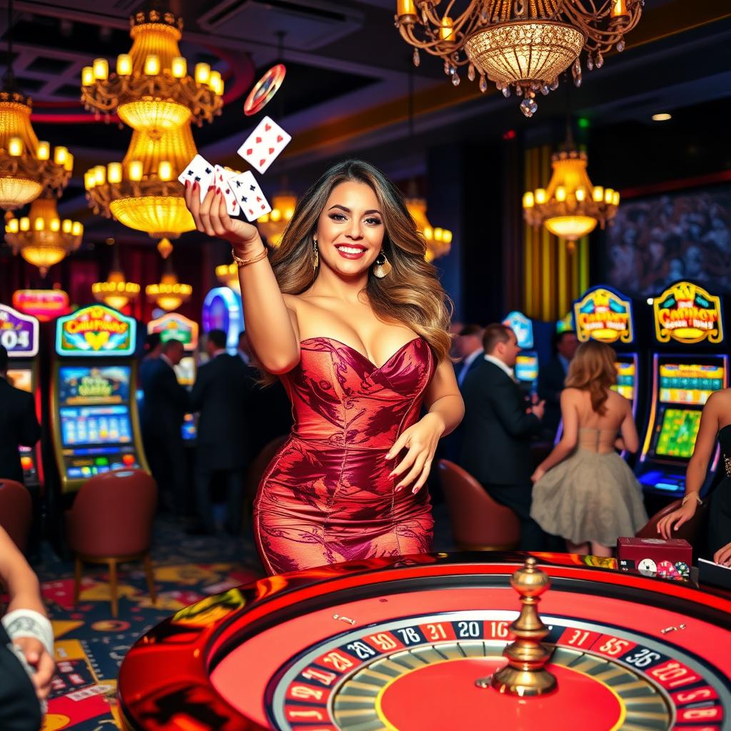 A vibrant and lively casino scene showcasing a curvy woman in an eye-catching evening dress, confidently standing at a roulette table