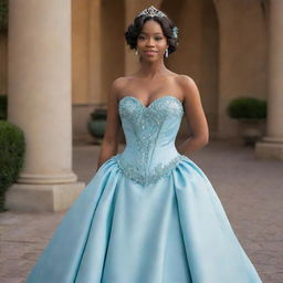 A long blue corset dress, embodying a tasteful fusion of Tiana's blue dress from Princess and the Frog and the sophisticated fashion of Bridgerton.