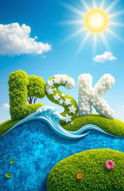 An imaginative depiction of letters represented as elements of nature, with the letter 'L' designed as a large, lush green tree on land, 'S' shaped like flowing waves in a sparkling blue sea, and 'K' crafted from fluffy, white clouds in a bright sky adorned with the sun