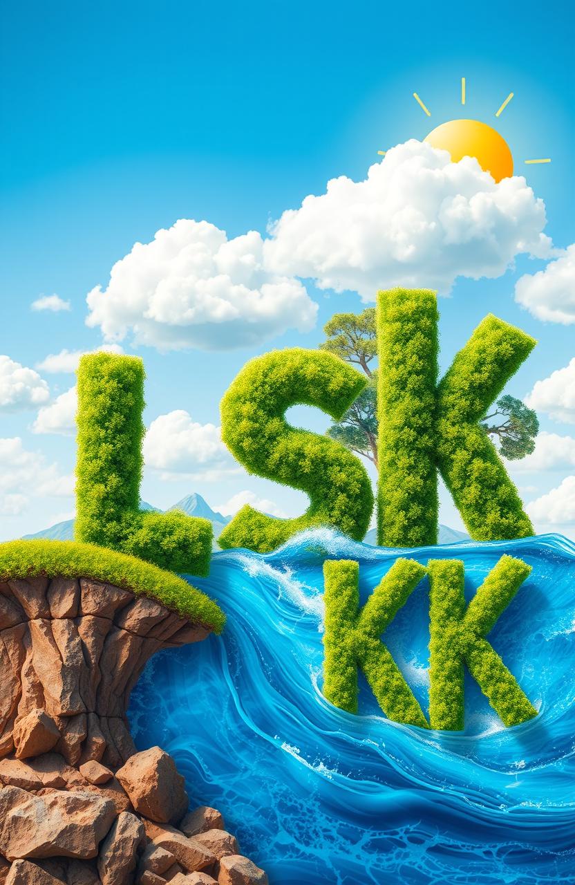 An imaginative depiction of letters represented as elements of nature, with the letter 'L' designed as a large, lush green tree on land, 'S' shaped like flowing waves in a sparkling blue sea, and 'K' crafted from fluffy, white clouds in a bright sky adorned with the sun