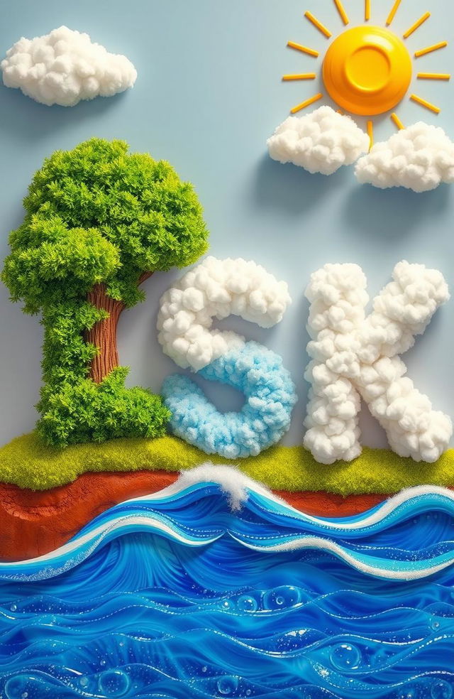 An imaginative depiction of letters represented as elements of nature, with the letter 'L' designed as a large, lush green tree on land, 'S' shaped like flowing waves in a sparkling blue sea, and 'K' crafted from fluffy, white clouds in a bright sky adorned with the sun