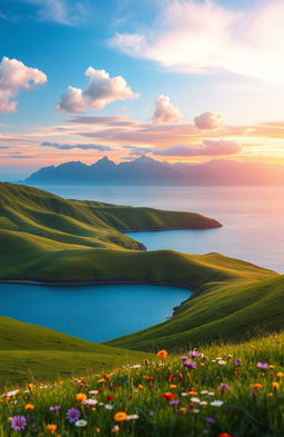 A serene and picturesque landscape showcasing the harmonious blend of land, sea, and sky