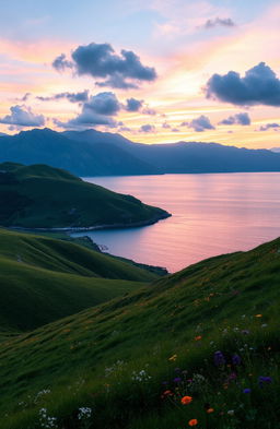 A serene and picturesque landscape showcasing the harmonious blend of land, sea, and sky