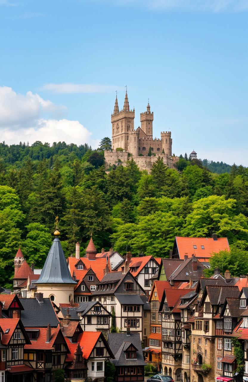 A vibrant and bustling medieval city in the foreground, showcasing charming architecture with intricate details