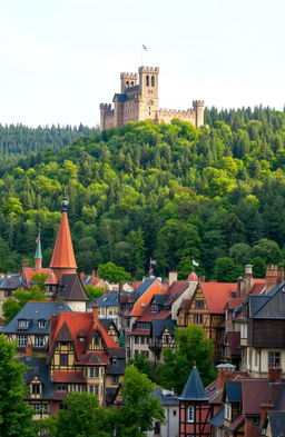A vibrant and bustling medieval city in the foreground, showcasing charming architecture with intricate details
