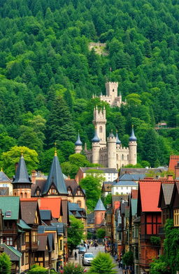 A vibrant and bustling medieval city in the foreground, showcasing charming architecture with intricate details