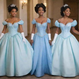 A full, blue corset dress with sleeves, a modernized mix of Tiana's blue dress from Disney's Princess and the Frog and a dress from the TV show Bridgerton, suitable for a prom.