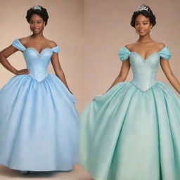 A full, blue corset dress with sleeves, a modernized mix of Tiana's blue dress from Disney's Princess and the Frog and a dress from the TV show Bridgerton, suitable for a prom.