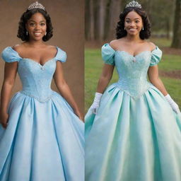 A full, blue corset dress with sleeves, a modernized mix of Tiana's blue dress from Disney's Princess and the Frog and a dress from the TV show Bridgerton, suitable for a prom.