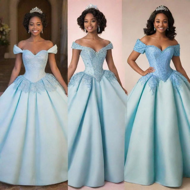 A full, blue corset dress with sleeves, a modernized mix of Tiana's blue dress from Disney's Princess and the Frog and a dress from the TV show Bridgerton, suitable for a prom.